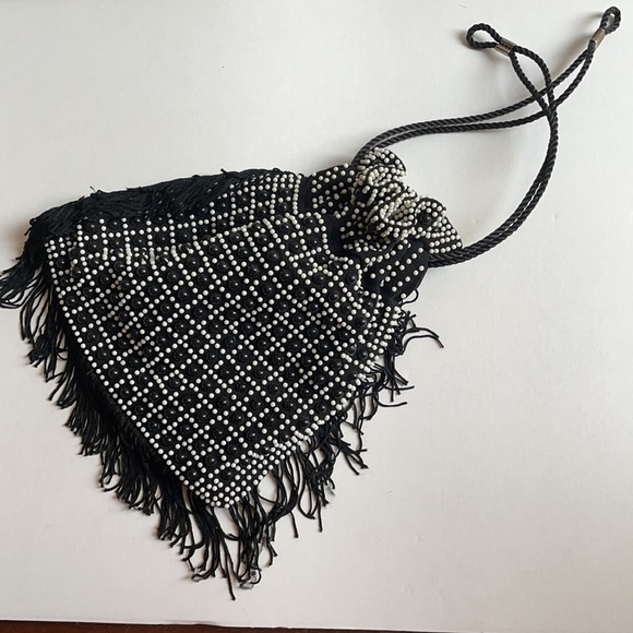 Handbags - Vintage drawstring handbag Black white beaded fringe pouch purse